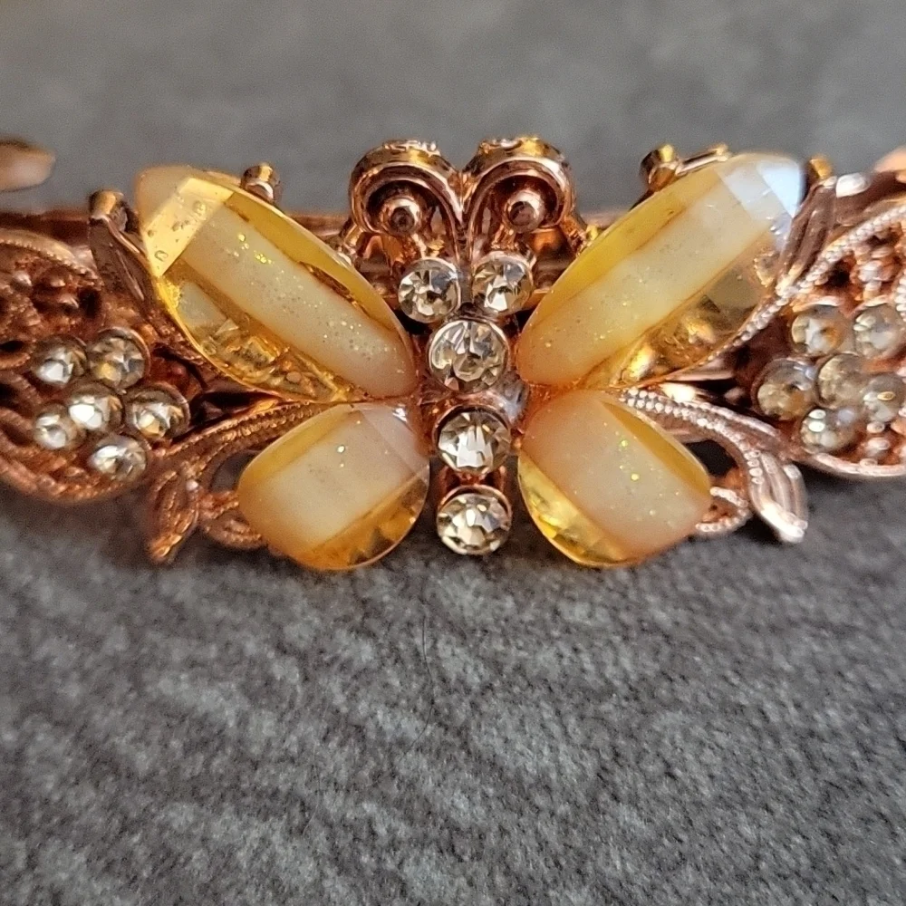 Vintage Rose Gold Filigree Butterfly Rhinestone Hinged Fairycore Barrette